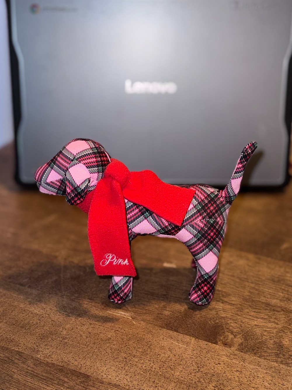 Pink Plaid Dog Toy Figurine with Red Scarf - Pink
